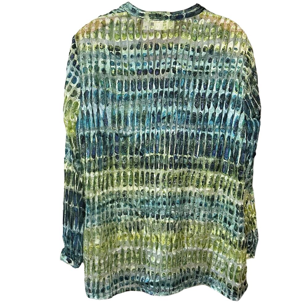 Chico’s Size 2 Large Sheer Art to Wear Whimsical Green Ombre Split Neck Blouse L - Picture 3 of 7